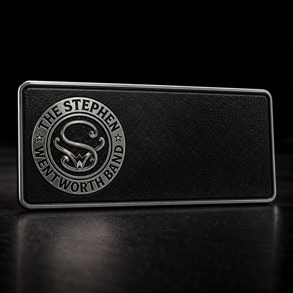 Black leatherette magnetic name badge with the band emblem