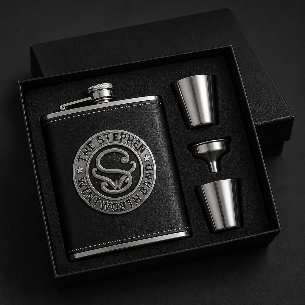 Leatherette flask gift box set with the band emblem