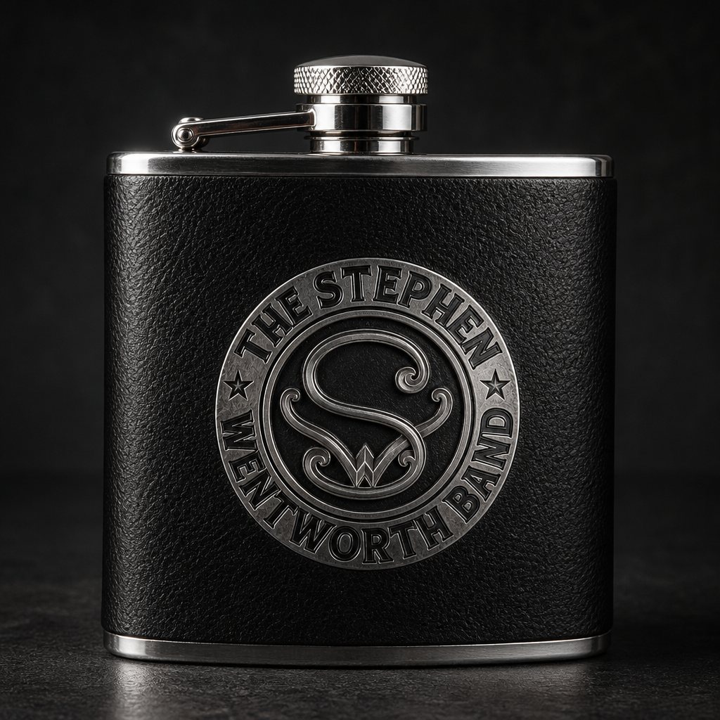 Black leatherette 6 ounce flask with the band emblem