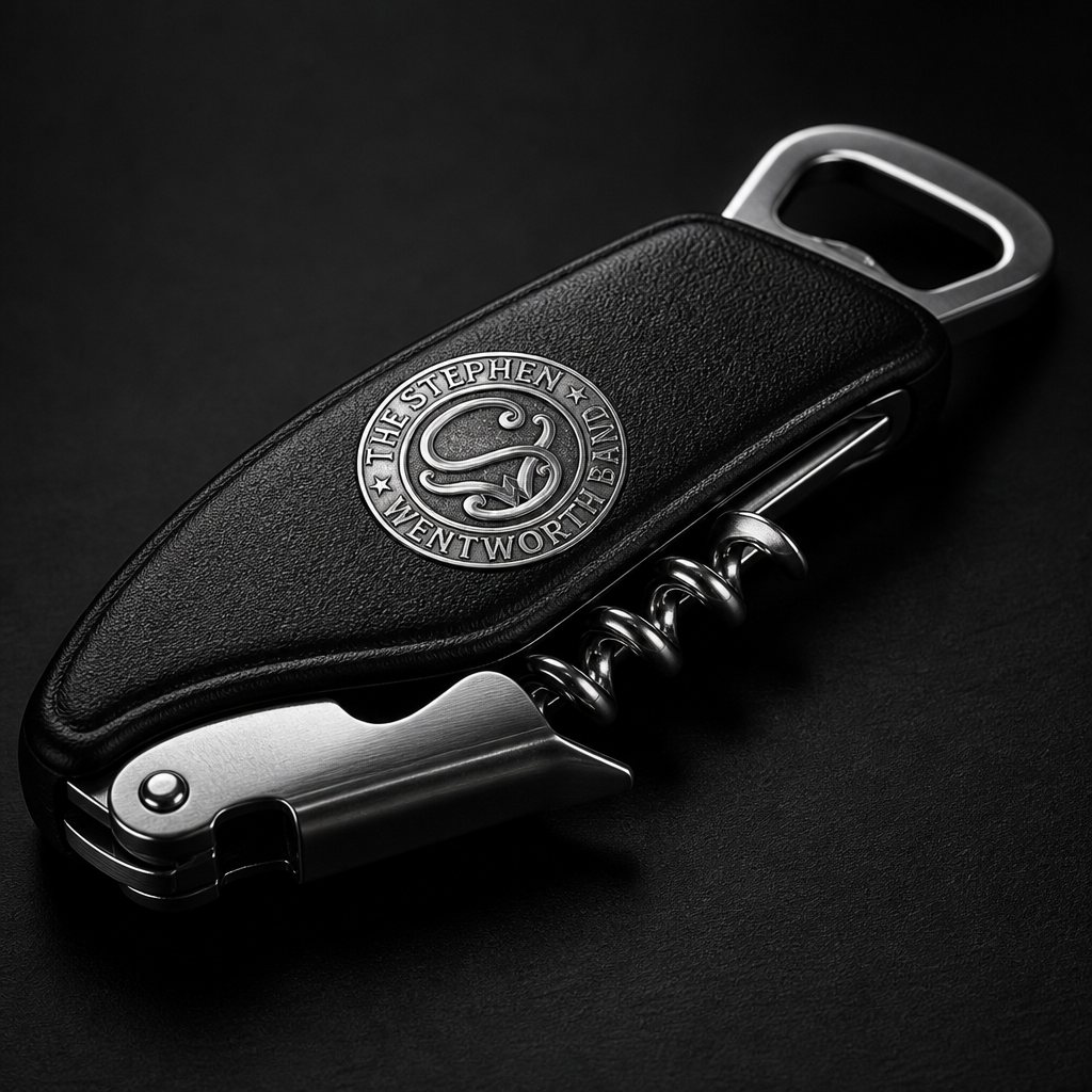 Black leatherette 3-in-1 wine opener with the band emblem