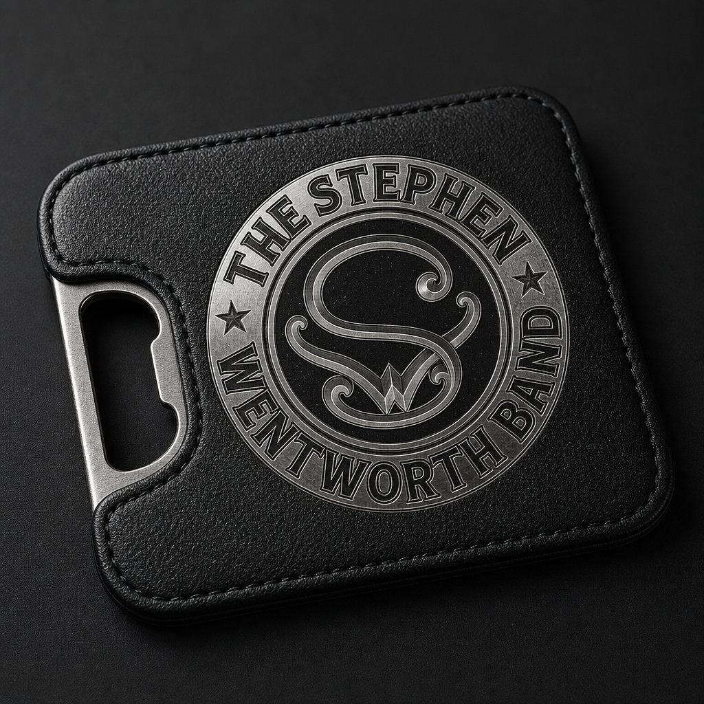 Black leatherette coaster with a bottle opener and the band emblem