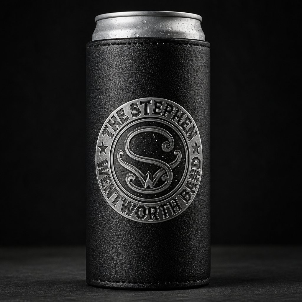 Black leatherette slim can holder with the band emblem