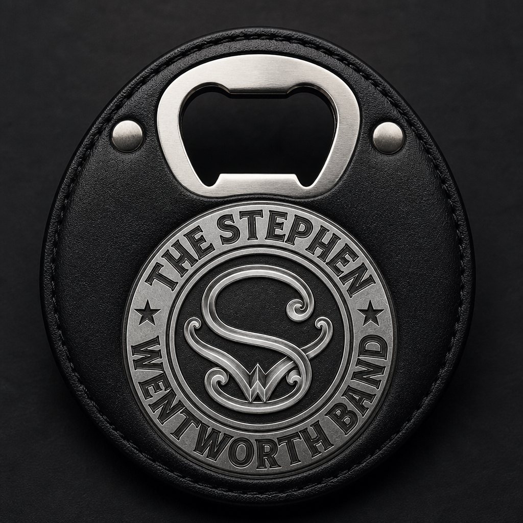 Black leatherette rounded bottle opener with the band emblem