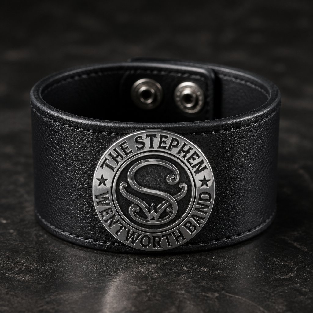 Black leatherette cuff bracelet with the band emblem