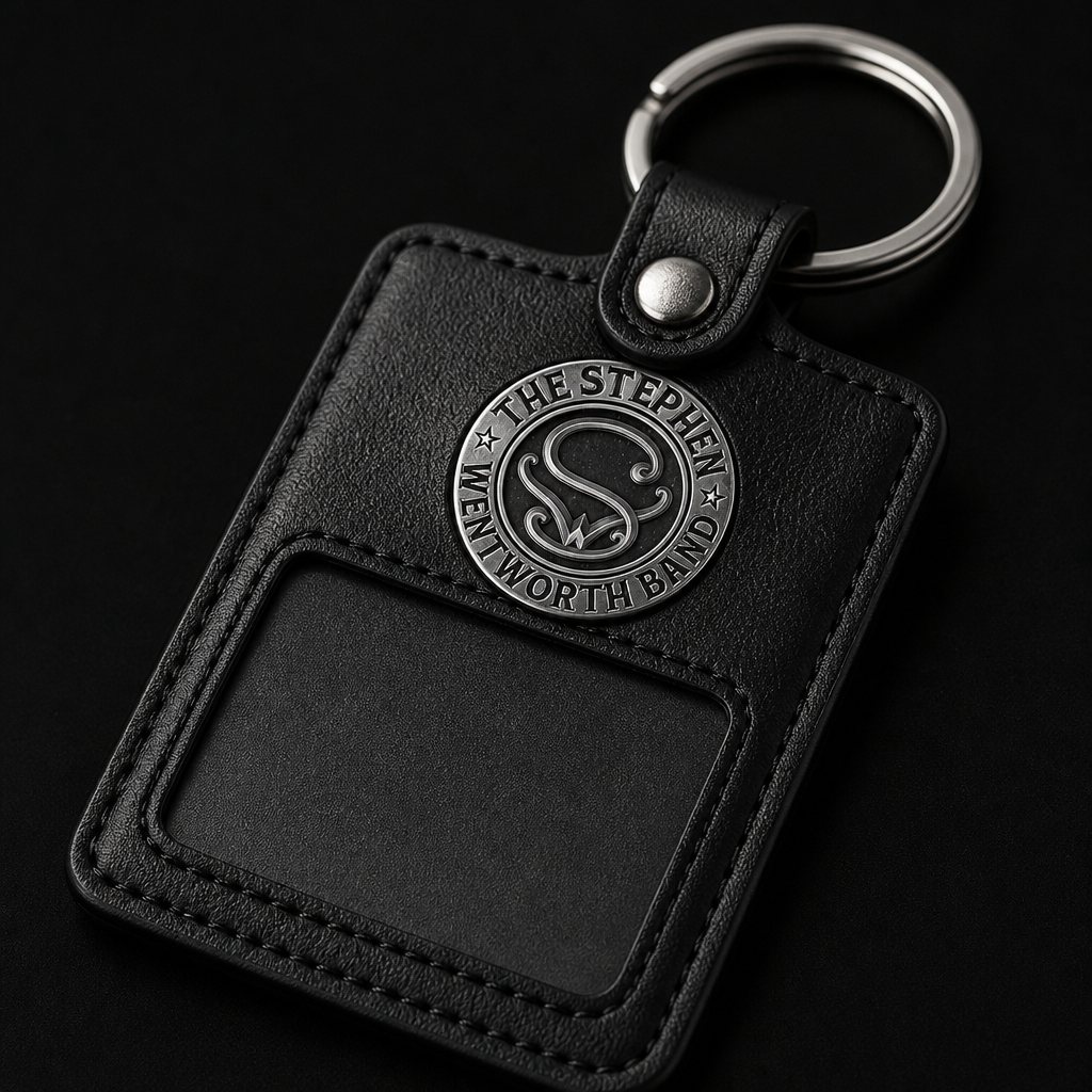 Black leatherette ID holder keychain with the band emblem