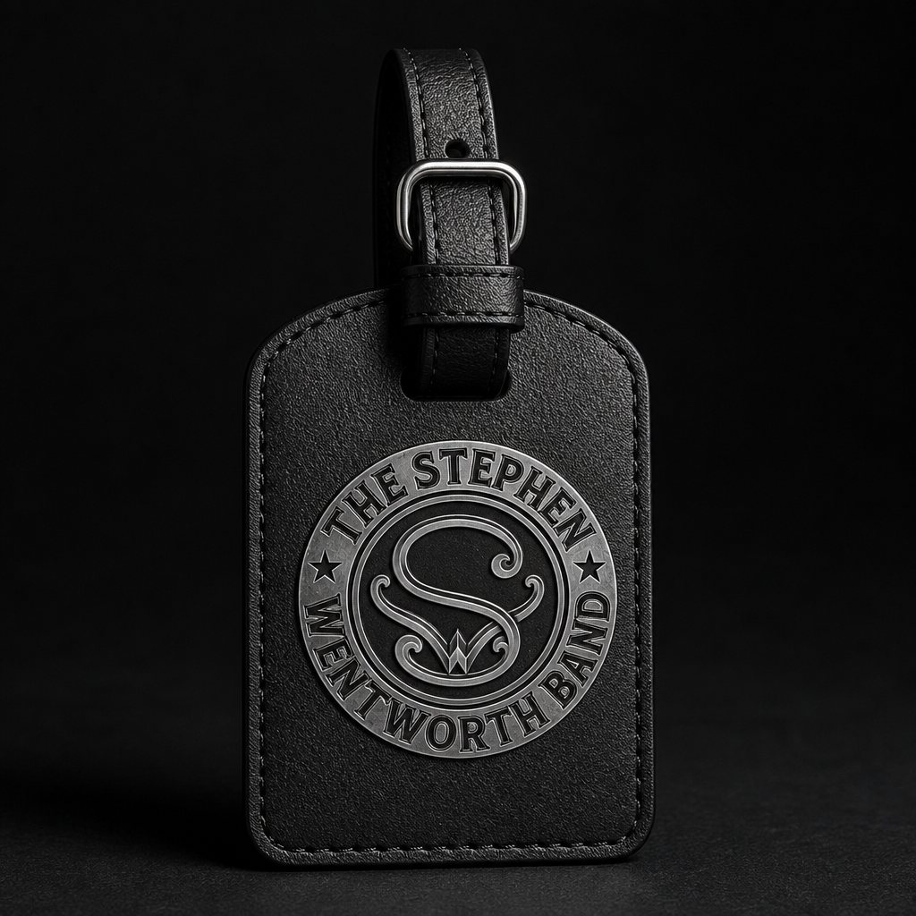 Black leatherette luggage tag with the band emblem