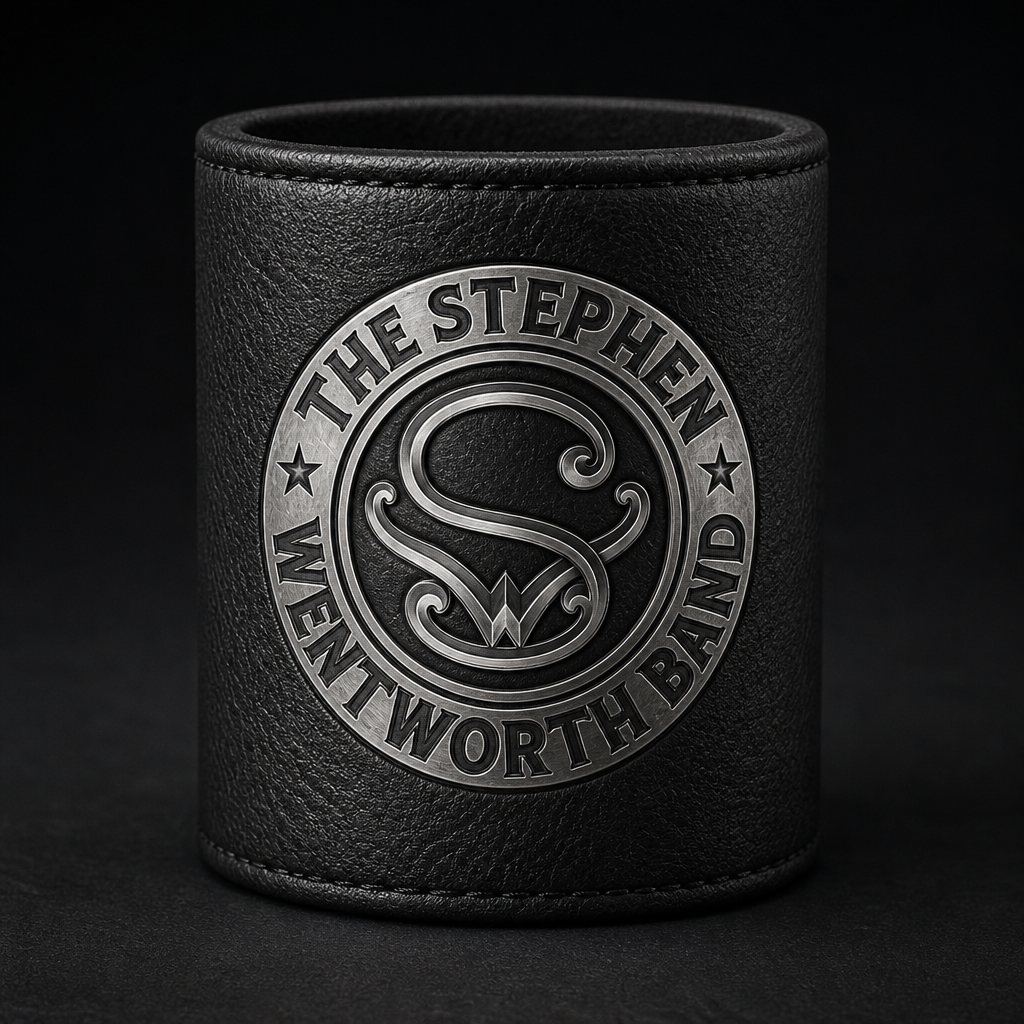 Black leatherette beverage holder with the band emblem