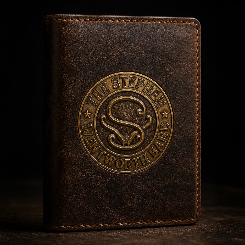 Rustic leatherette passport holder with a gold band emblem