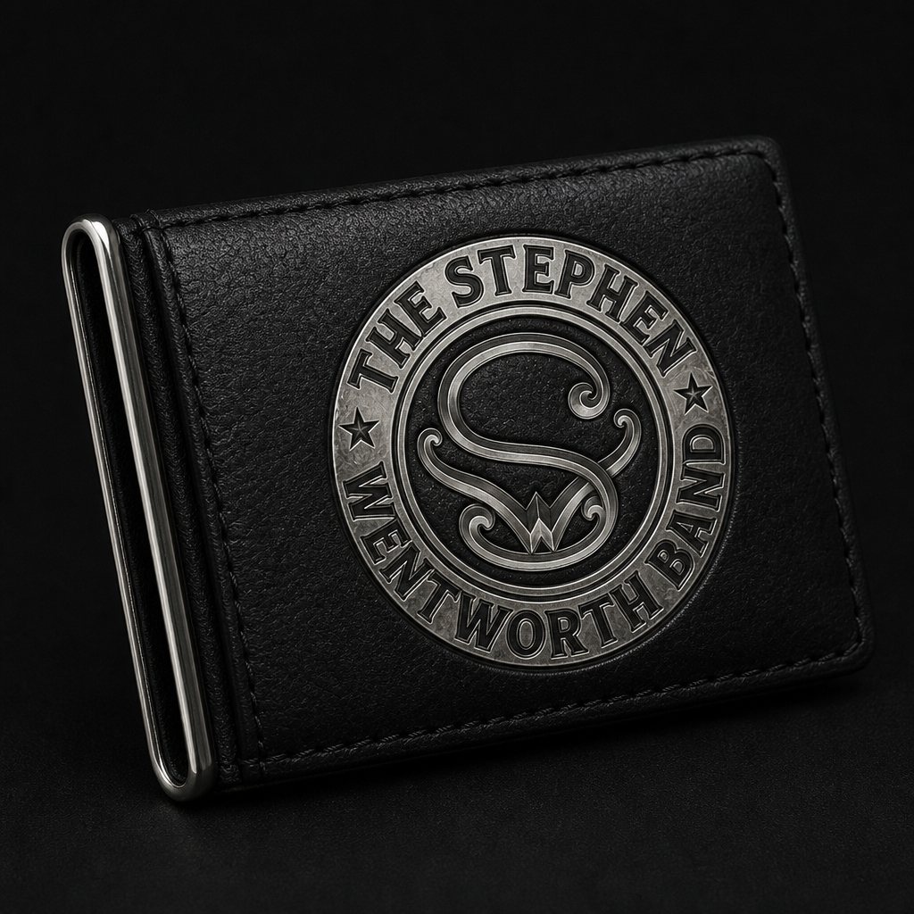 Black leatherette money clip with the band emblem