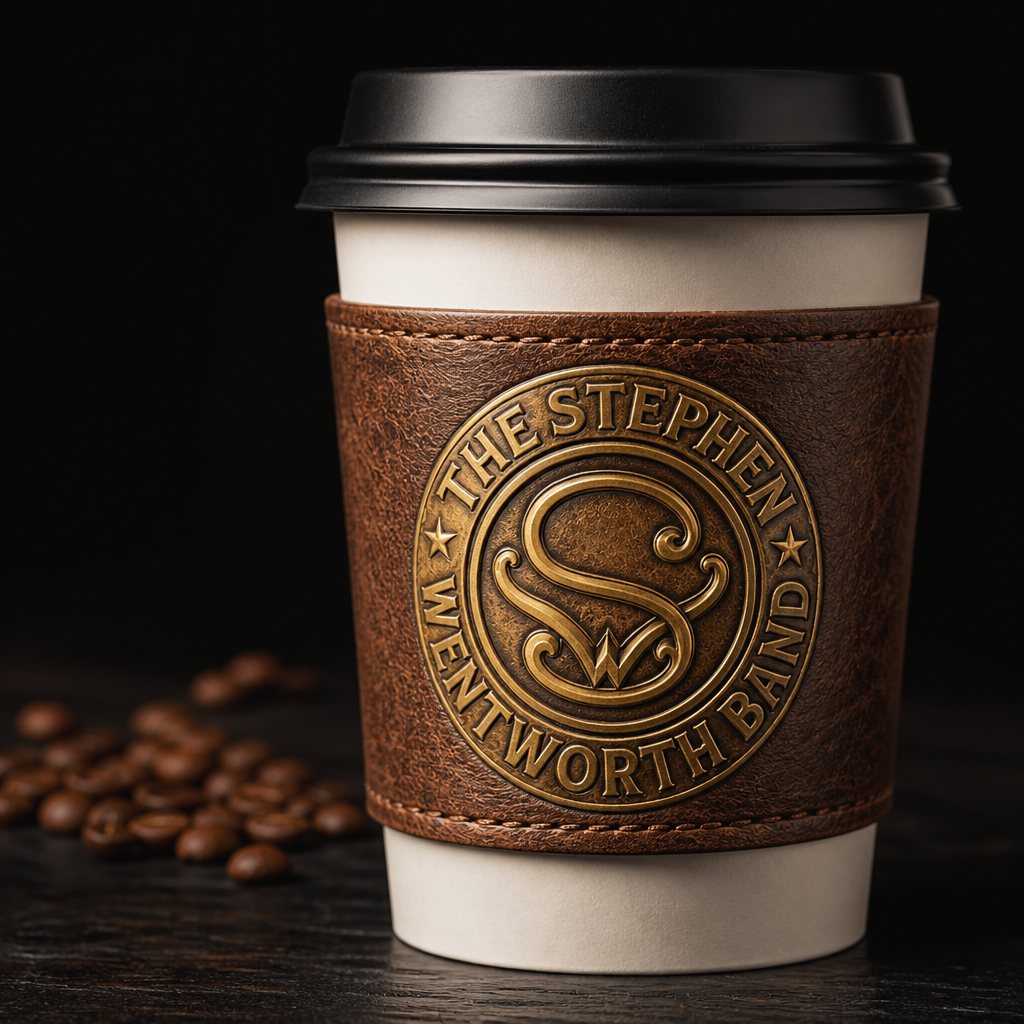 Rustic leatherette latte sleeve with a gold band emblem