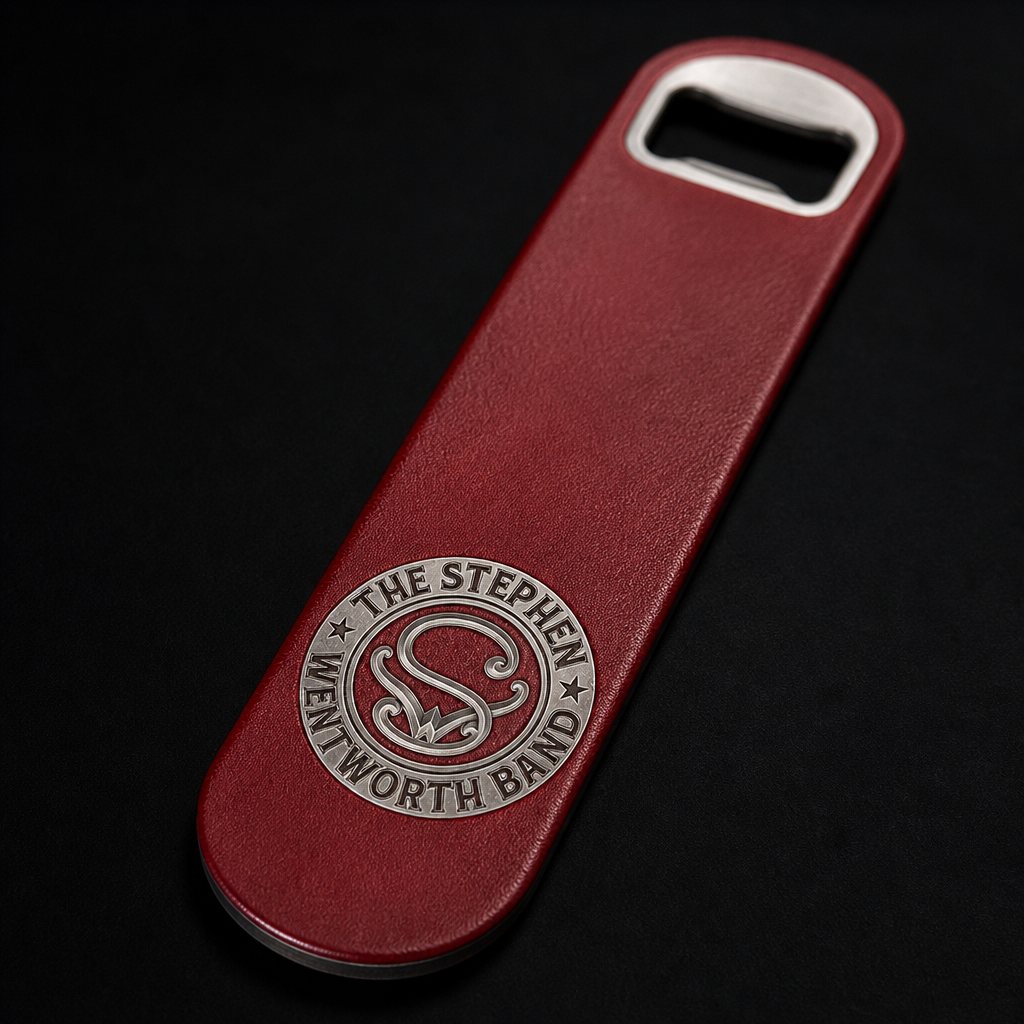 Red leatherette bar bottle opener with the engraved band emblem