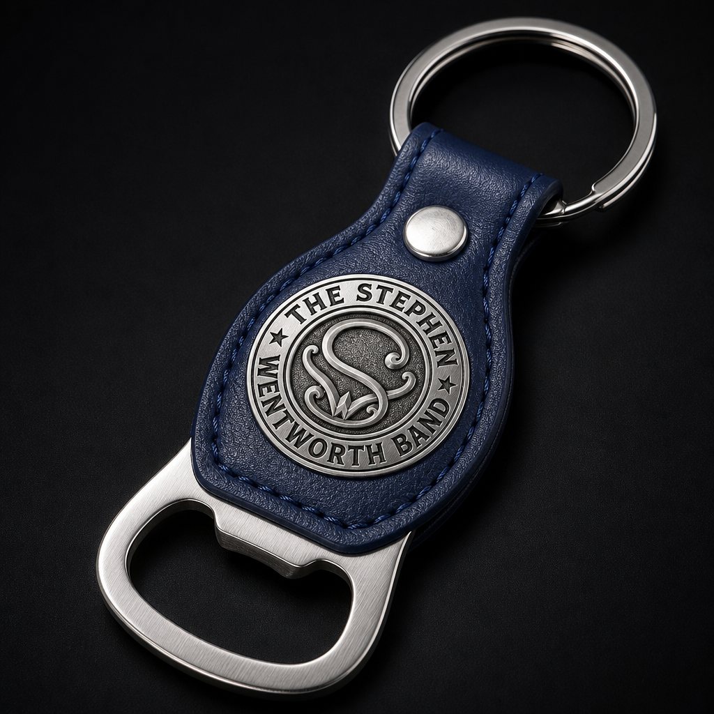 Blue leatherette bottle-opener keychain with the band emblem