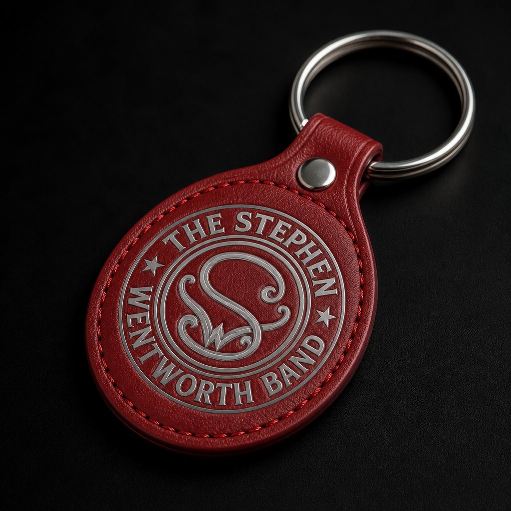 Red leatherette oval keychain with the engraved band emblem