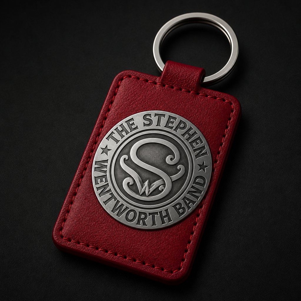 Red leatherette rectangle keychain with the engraved band emblem