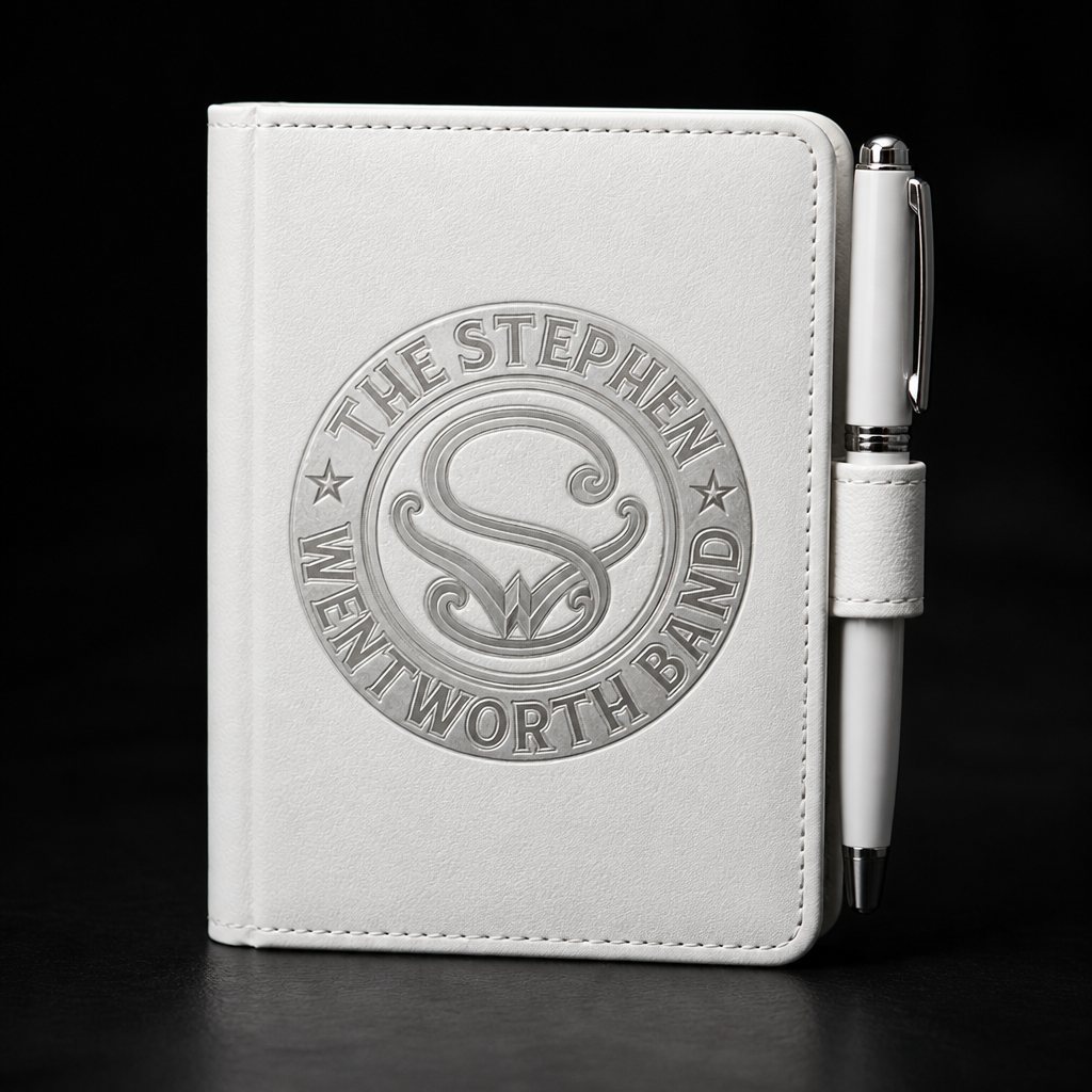 White leatherette mini notepad with the band emblem