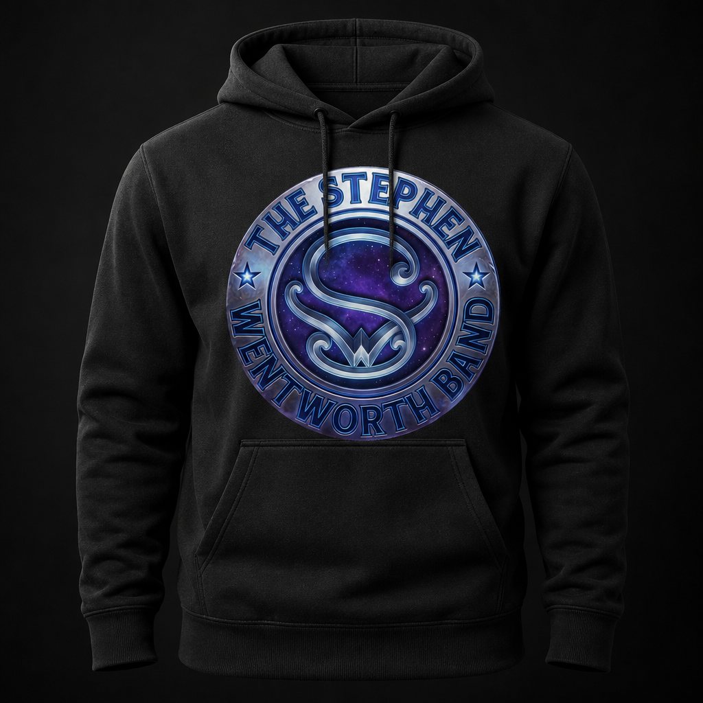 Black hoodie with the Stephen Wentworth Band circular logo