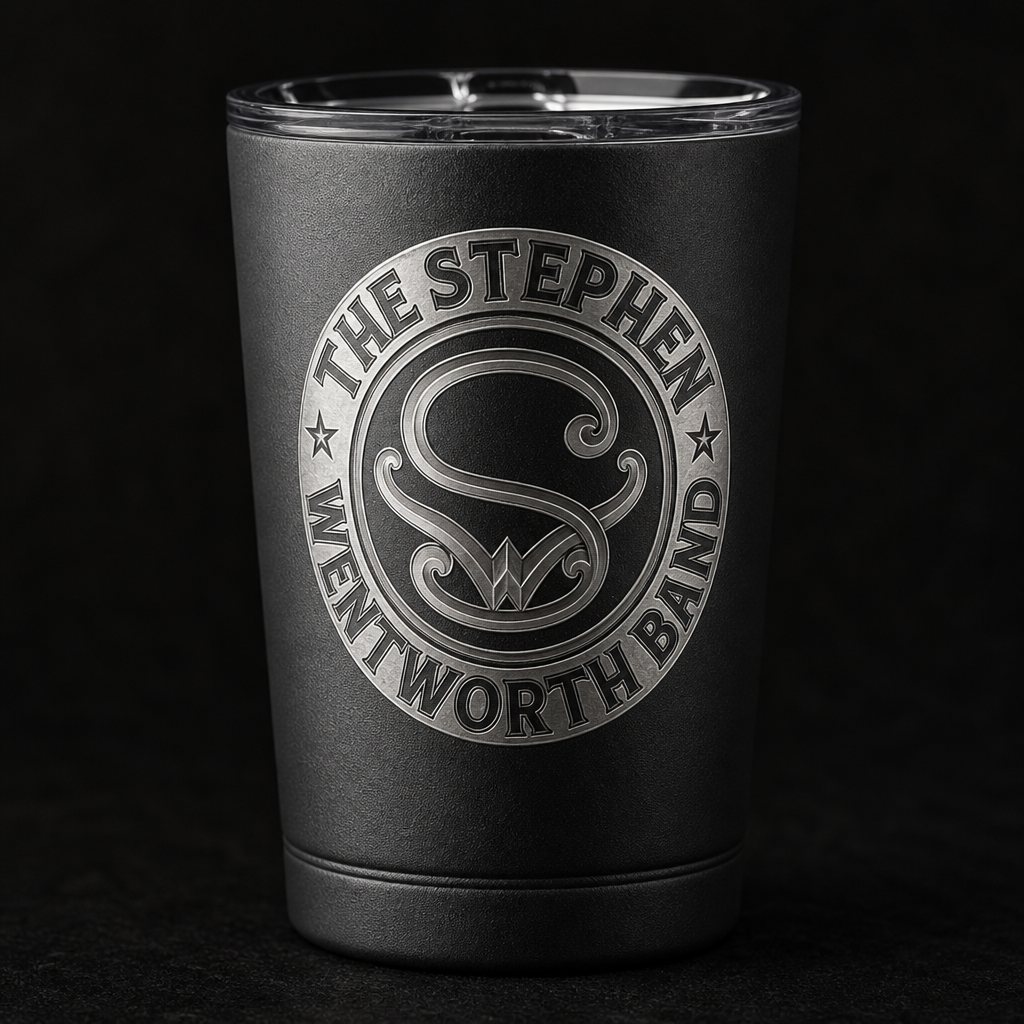 Powder-coated 16 ounce pint tumbler with the band emblem