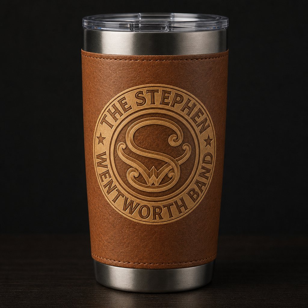 Light brown leatherette-wrapped 20 ounce tumbler with the band emblem