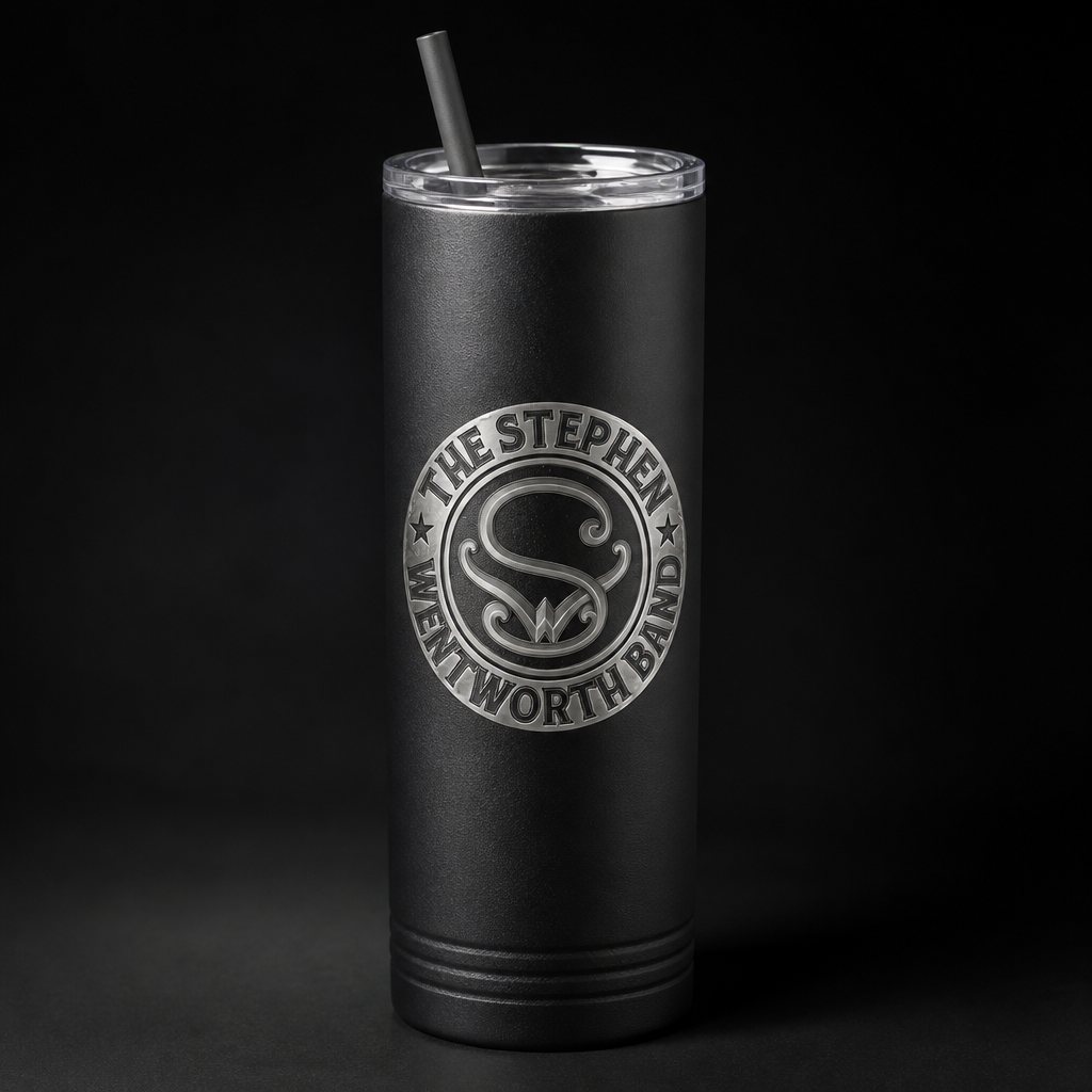Skinny 22 ounce tumbler with the engraved band emblem