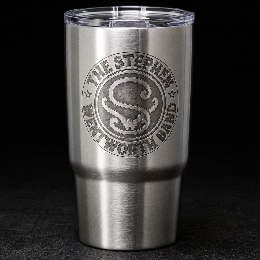 Stainless 20 ounce tumbler with the etched band emblem