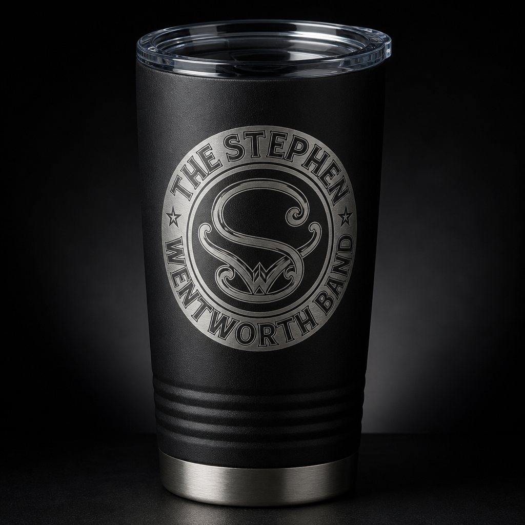 Black 20 ounce tumbler with a standard lid and the band emblem