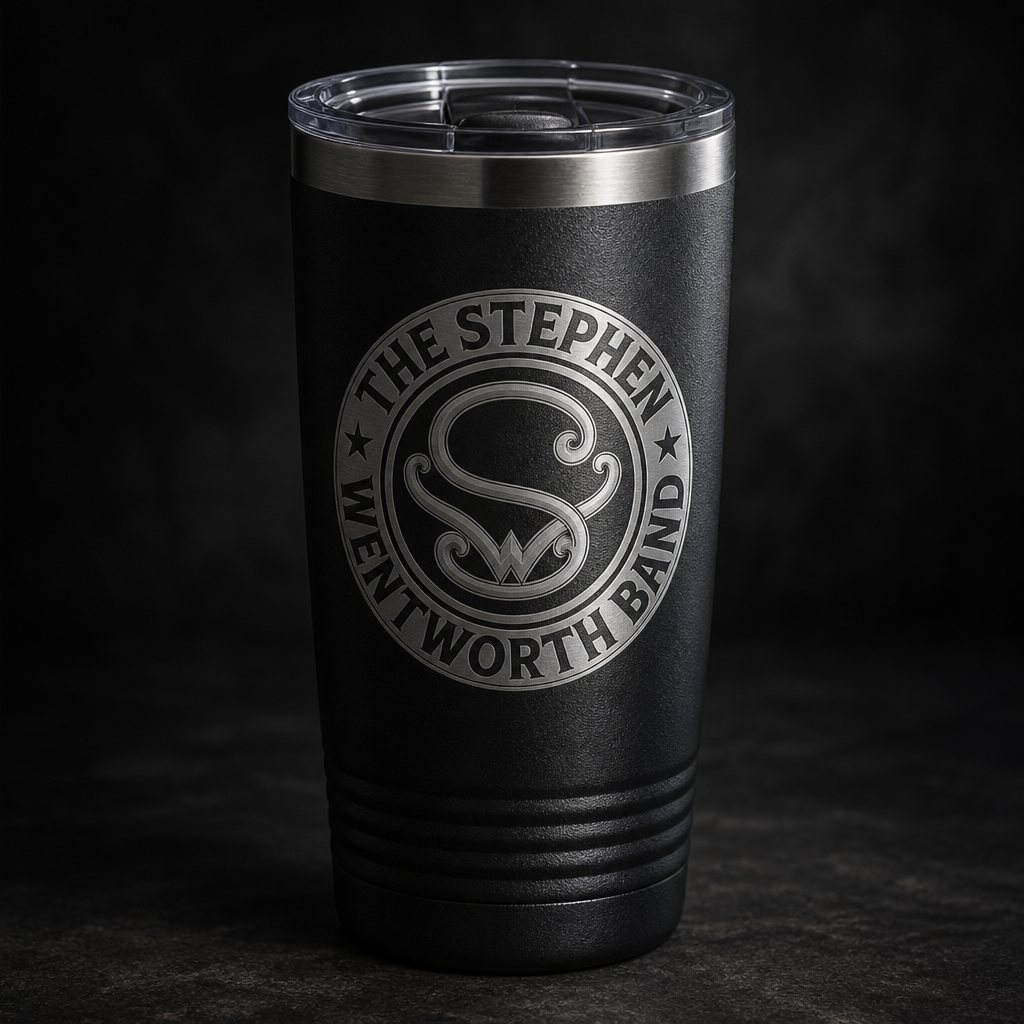 Black 20 ounce slider tumbler with the engraved band emblem