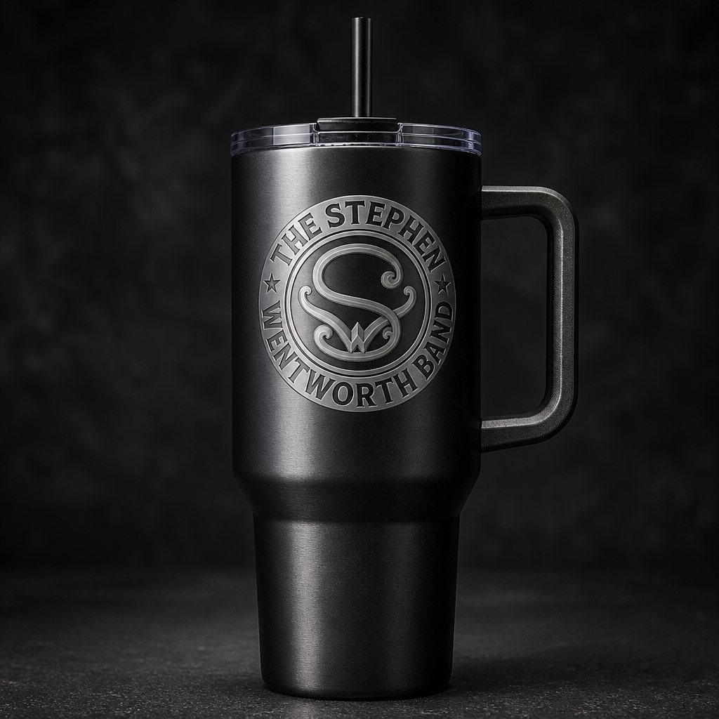 40 ounce black travel mug with a straw and the band emblem