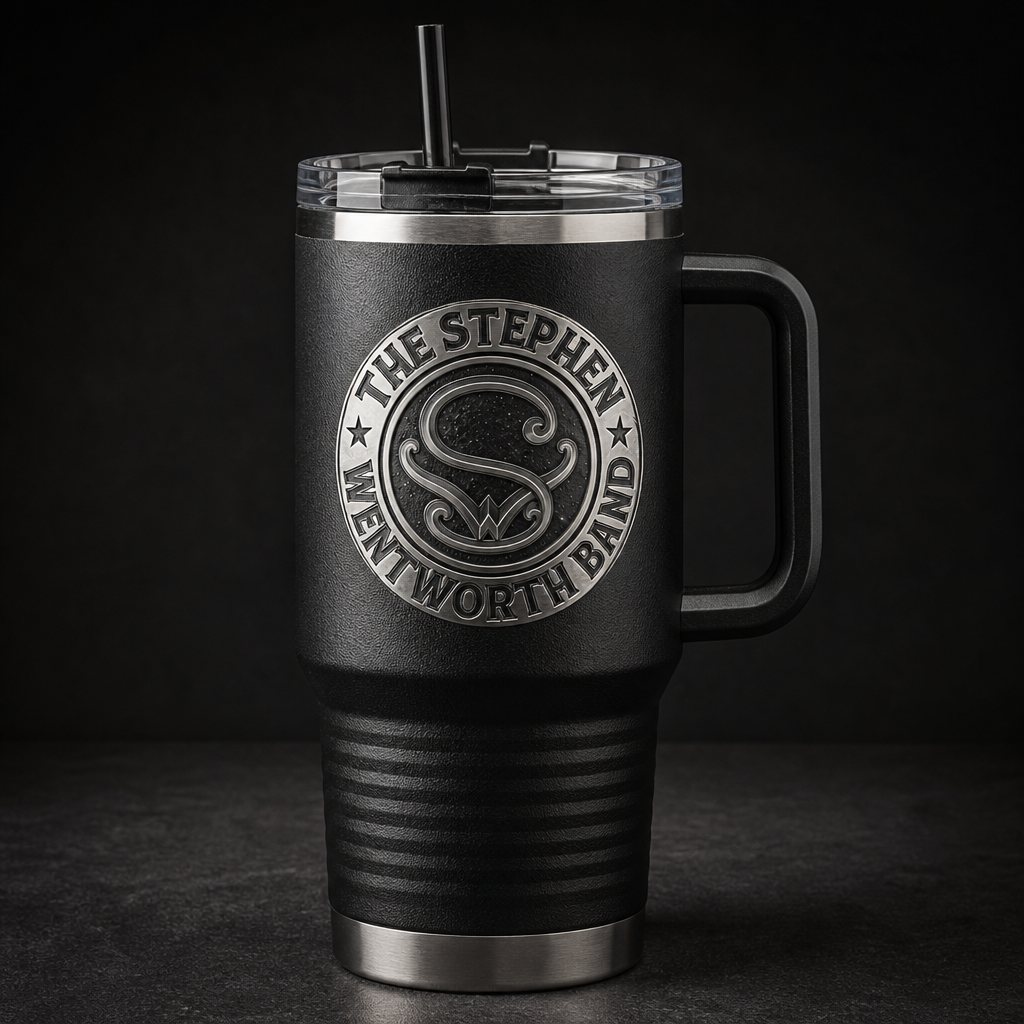 40 ounce leatherette travel mug with the band emblem
