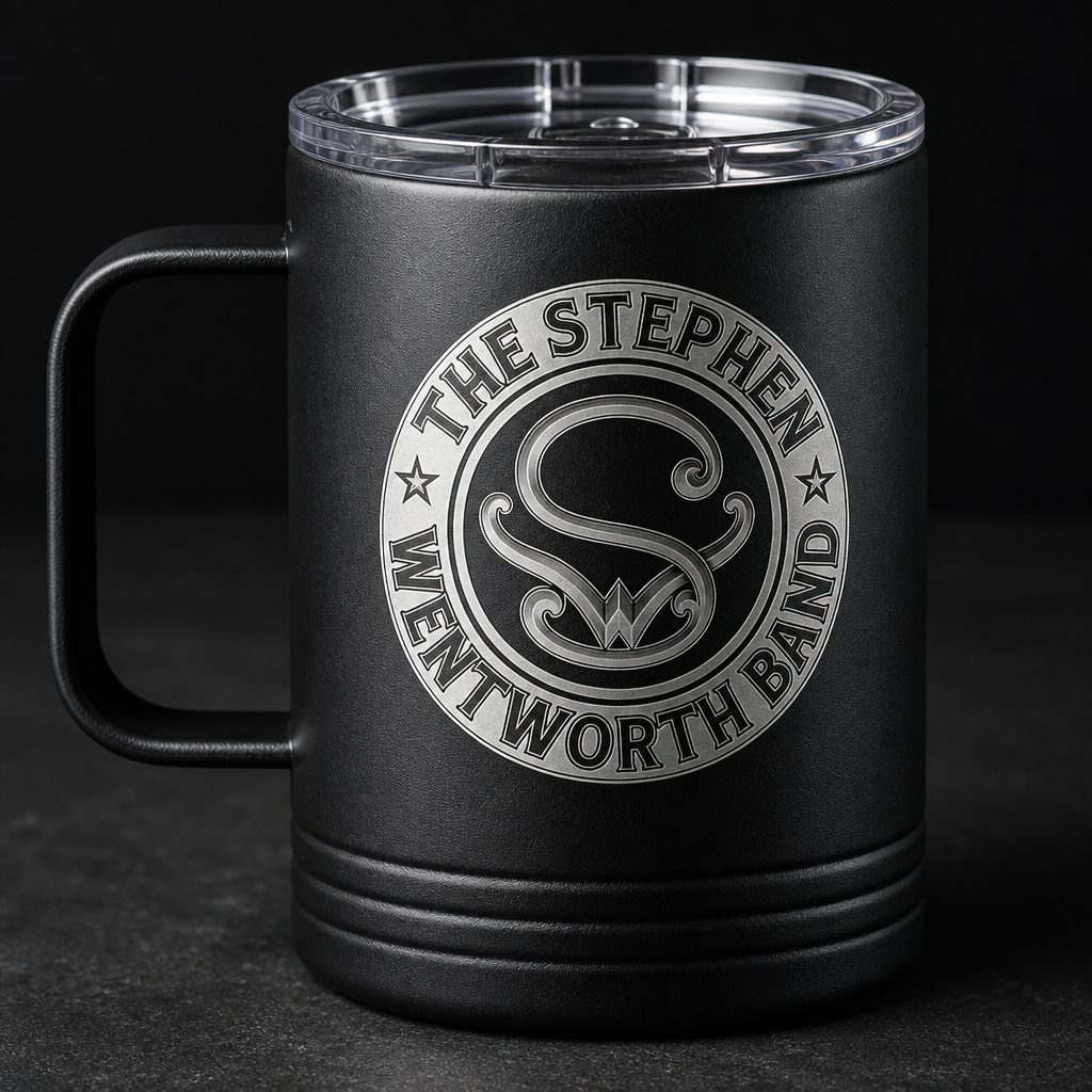 Black 15 ounce coffee mug with the engraved band emblem