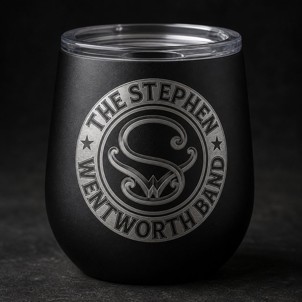 Black 12 ounce stemless wine tumbler with the band emblem