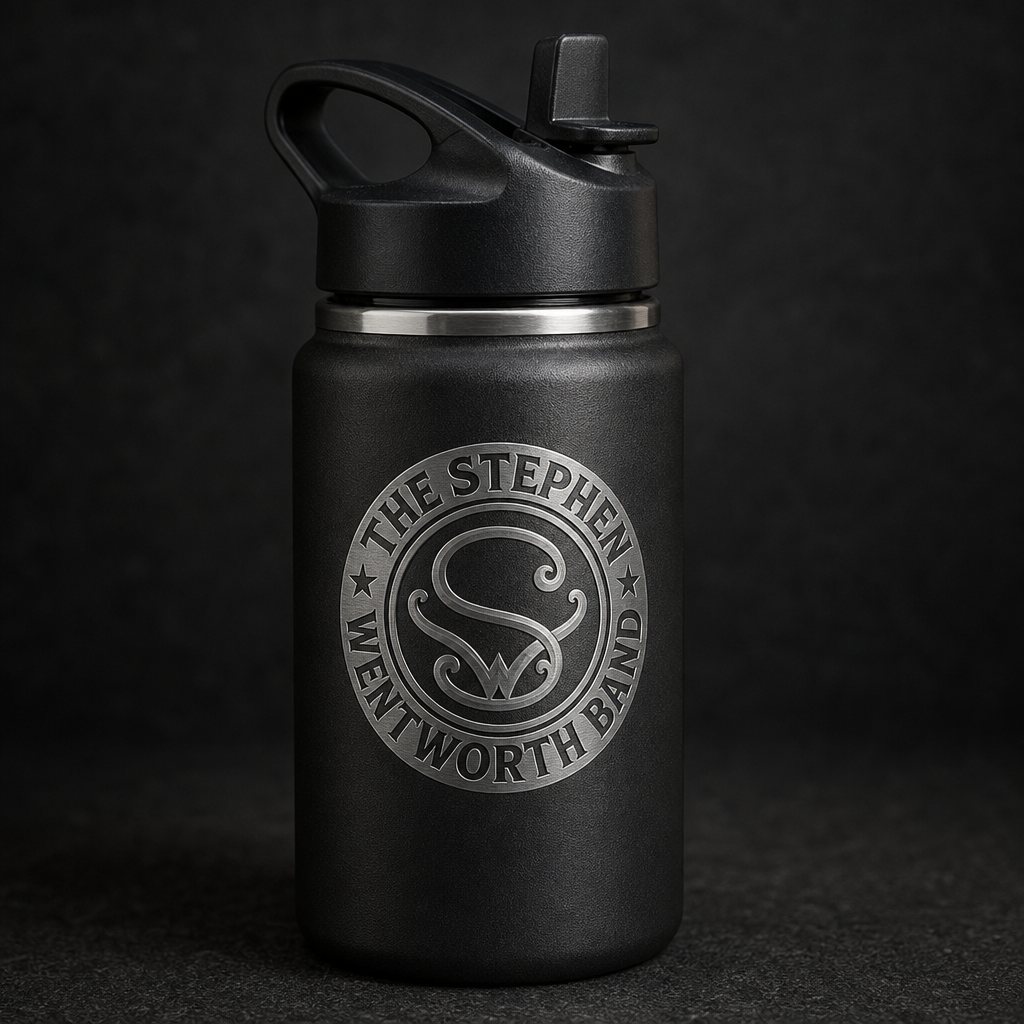Powder-coated 12 ounce water bottle with the band emblem
