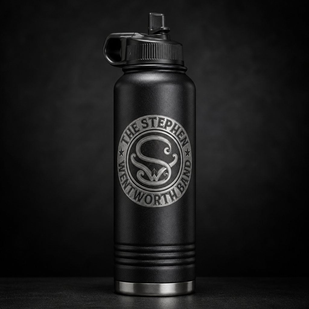 Black 20 ounce water bottle with the engraved band emblem