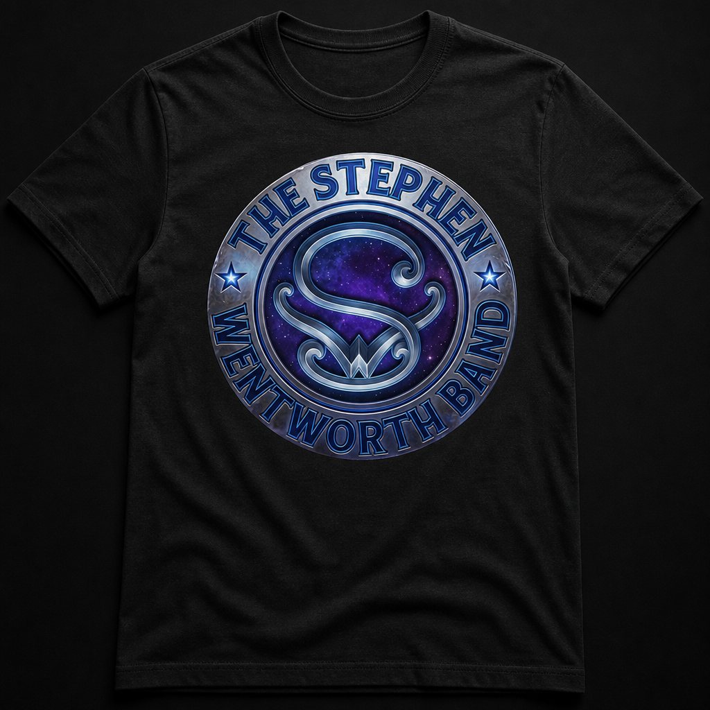 Black t-shirt with the Stephen Wentworth Band circular logo