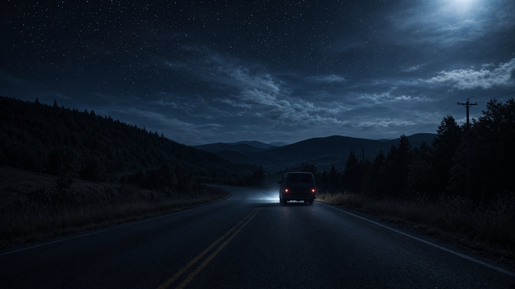Night road under a cloudy sky